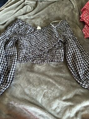 Black & White Gingham Smocked Off-Shoulder Crop Top